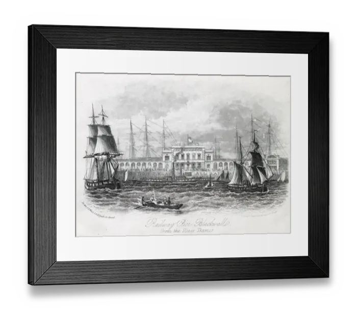 Framed Print : The Railway Pier, Blackwall, viewed from the Thames. A paddle steamer Framed Print : The Railway Pier, Blackwall, viewed from the Thames. A paddle steamer