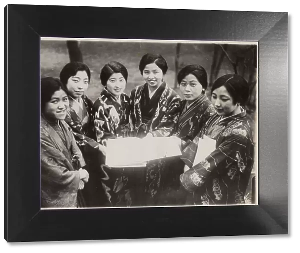 Six female Japanese music students in traditional dress. Date: 1930s