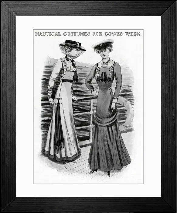 Framed Print : Two women wearing fashionable Cowes week costumes, the first sketch shows a frock carried Framed Print : Two women wearing fashionable Cowes week costumes, the first sketch shows a frock carried