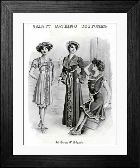 Framed Print : Three women wearing braided bathing frocks suitable for the summer months Framed Print : Three women wearing braided bathing frocks suitable for the summer months