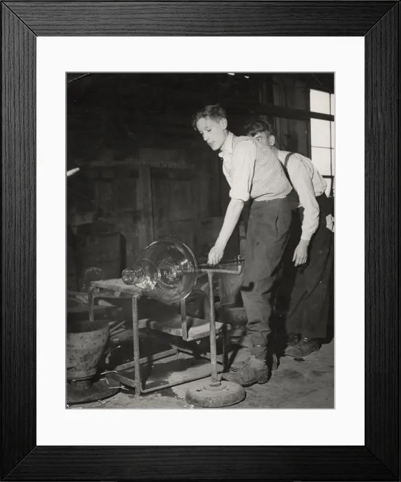 Framed Print : Young men spinning molten glass into a large cut glass bowl at Walsh Ltd Framed Print : Young men spinning molten glass into a large cut glass bowl at Walsh Ltd