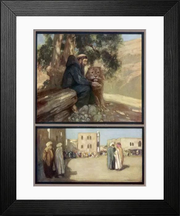 Framed Print : SAINT JEROME, living as a hermit, makes friends with a lion Framed Print : SAINT JEROME, living as a hermit, makes friends with a lion