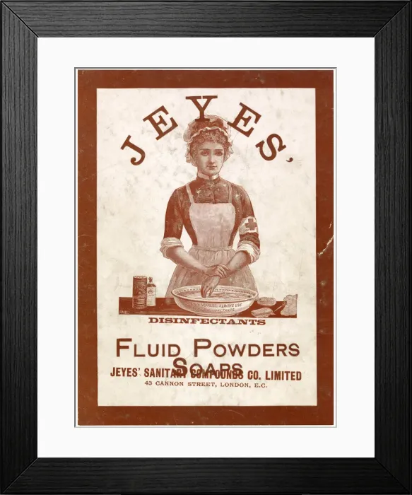 Framed Print : Jeyes disinfectant in different forms, fluid, powder and bar soap. Date: 1890s Framed Print : Jeyes disinfectant in different forms, fluid, powder and bar soap. Date: 1890s