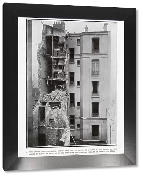 A five-storey dwellings heavily damaged by a bomb by a zeppelin attack. Date: 1916