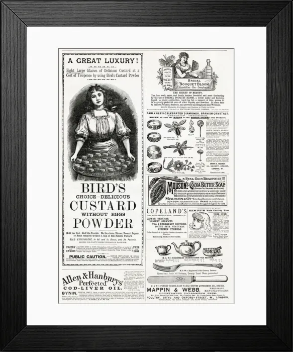 Framed Print : A variety of Advertisements from 1889. Date: 1886 Framed Print : A variety of Advertisements from 1889. Date: 1886