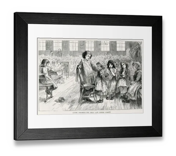 Framed Print : Unkempt girls receiving punishment from another older pupil at Field Lane Ragged School