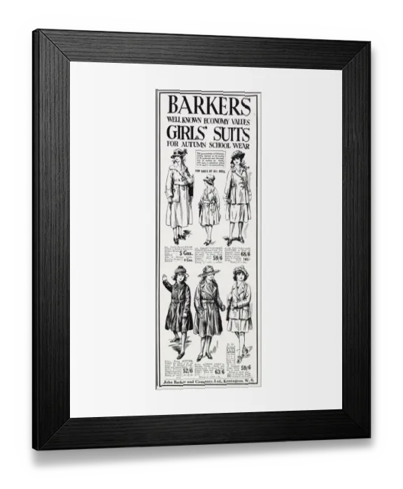Framed Print : A selection of Barkers well known economy values girls suits for Autumn school wear Framed Print : A selection of Barkers well known economy values girls suits for Autumn school wear