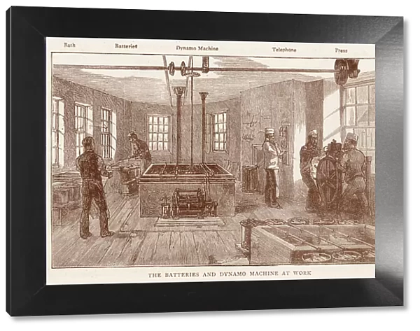 Men working in the batteries and dynamo machine room before going to print