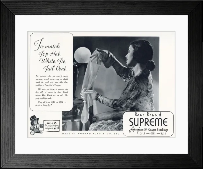 Framed Print : Advertisement for Bear Brand superfine Stockings. Date: 1936 Framed Print : Advertisement for Bear Brand superfine Stockings. Date: 1936
