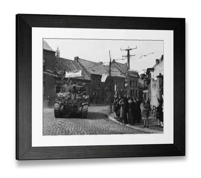 Framed Print : British armour enter Belgium, one of the first tanks passing through the village of Framed Print : British armour enter Belgium, one of the first tanks passing through the village of