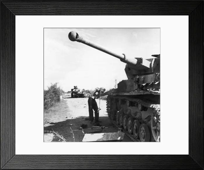 Framed Print : Two knocked-out German tanks blocked the road, and a diversion had to be constructed to Framed Print : Two knocked-out German tanks blocked the road, and a diversion had to be constructed to