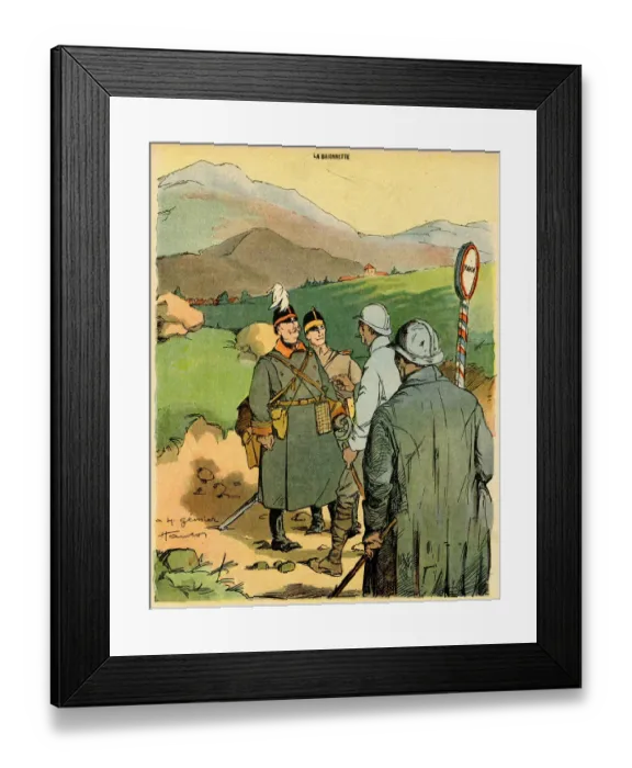Framed Print : Cartoon, Hunting season. At a French border post, two German officers ask two French Framed Print : Cartoon, Hunting season. At a French border post, two German officers ask two French