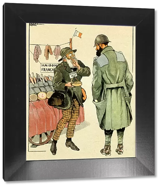 Cartoon, The good trader. A salesman of food and other items offers a French soldier