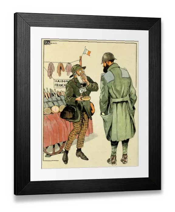 Framed Print : Cartoon, The good trader. A salesman of food and other items offers a French soldier Framed Print : Cartoon, The good trader. A salesman of food and other items offers a French soldier