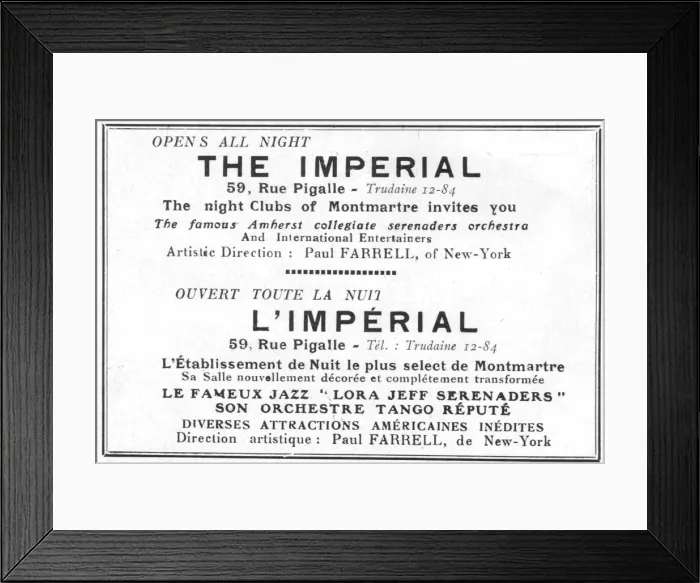 Framed Print : Advert for L Imperial nightclub, 59 Rue Pigalle, Montmartre Date: 1920s Framed Print : Advert for L Imperial nightclub, 59 Rue Pigalle, Montmartre Date: 1920s