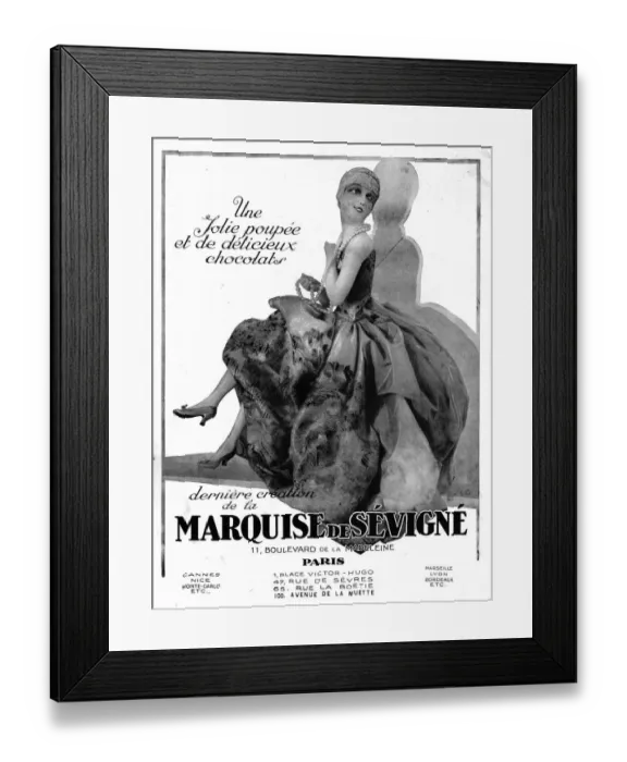 Framed Print : Advert for dolls and chocolates from Marquise de Sevigne Date: 1920s Framed Print : Advert for dolls and chocolates from Marquise de Sevigne Date: 1920s