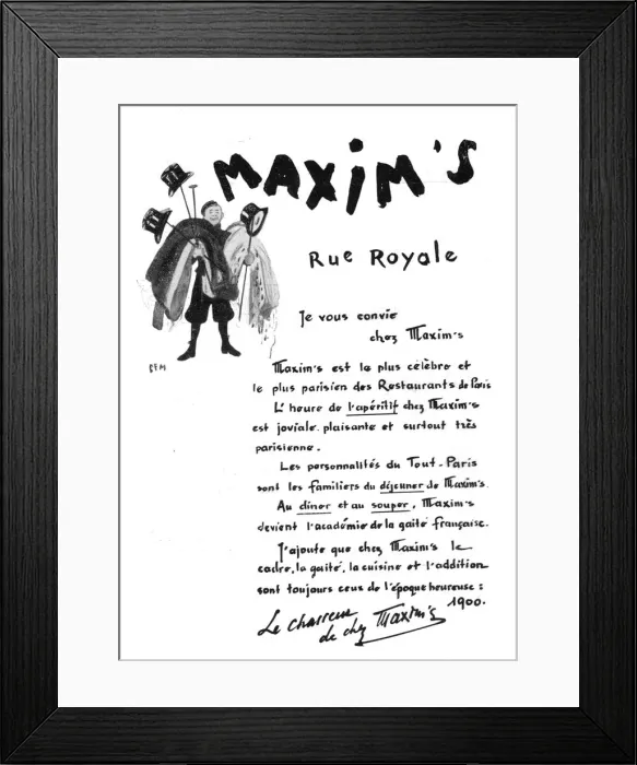 Framed Print : Advert for Maxims Rue Royale, Paris Date: 1920s Framed Print : Advert for Maxims Rue Royale, Paris Date: 1920s