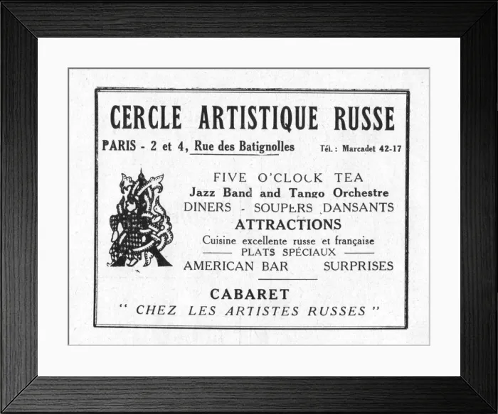 Framed Print : Advert for Cercle Artistique Russe, 2-4 Rue des Batignolles, Paris, 1920s Date: 1920s Framed Print : Advert for Cercle Artistique Russe, 2-4 Rue des Batignolles, Paris, 1920s Date: 1920s