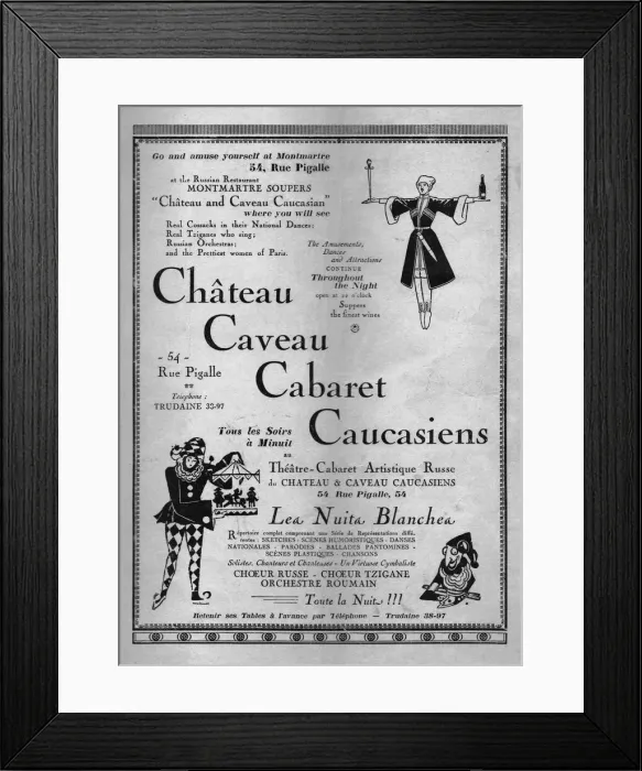 Framed Print : Advert for Chateau Caveau Cabaret Caucasiens Date: 1920s Framed Print : Advert for Chateau Caveau Cabaret Caucasiens Date: 1920s
