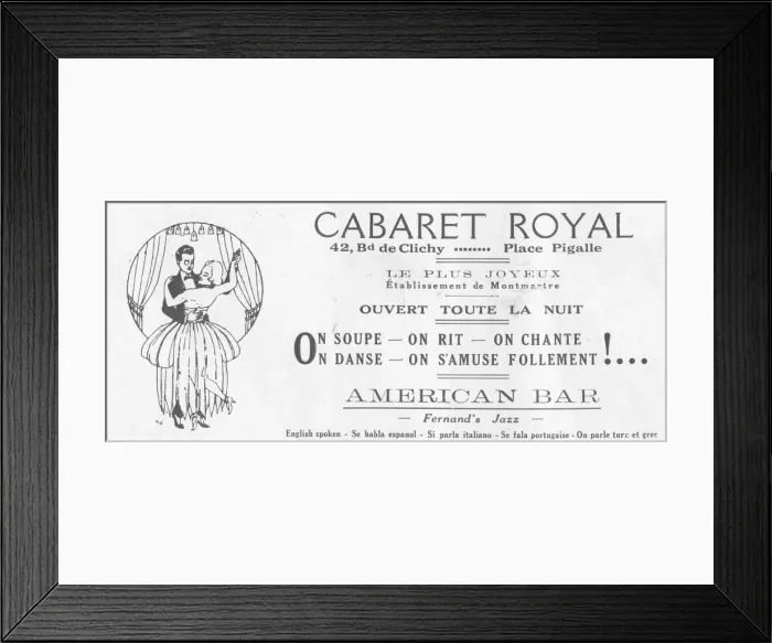 Framed Print : Advert for Cabaret Royal, 42 Blv de Clichy, Paris Date: 1920s Framed Print : Advert for Cabaret Royal, 42 Blv de Clichy, Paris Date: 1920s