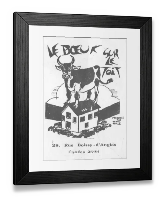 Framed Print : Advert for Le Boeuf Sur Le Toit, 28 Rue Boissy d Anlas, Paris Date: 1920s Framed Print : Advert for Le Boeuf Sur Le Toit, 28 Rue Boissy d Anlas, Paris Date: 1920s