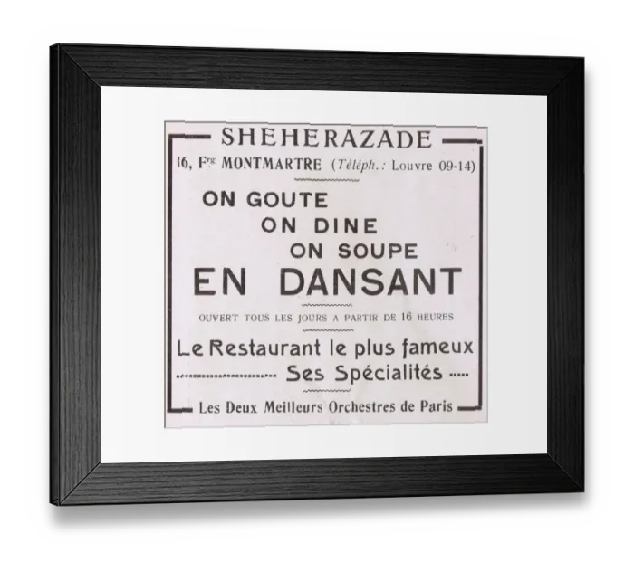 Framed Print : Advert for Sheherazade, 16 Faubourg, Montmartre Date: 1920s Framed Print : Advert for Sheherazade, 16 Faubourg, Montmartre Date: 1920s