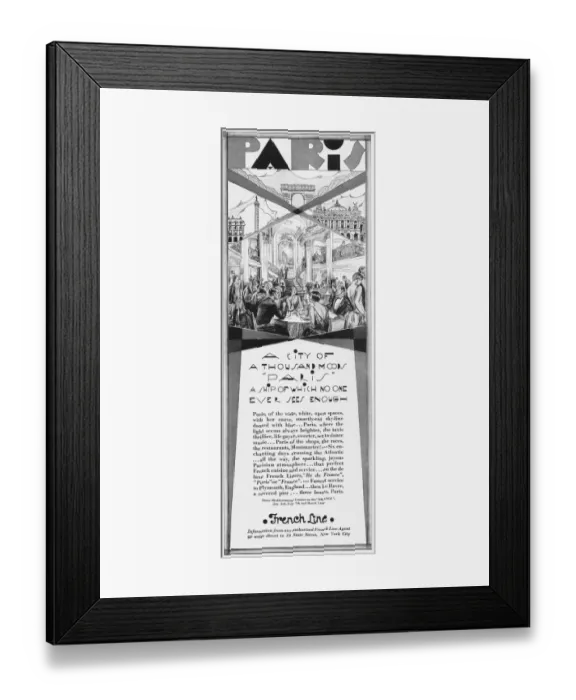 Framed Print : Advert for Paris A city of a thousand moods by the French Line Date: 1928 Framed Print : Advert for Paris A city of a thousand moods by the French Line Date: 1928