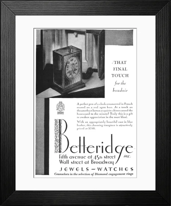 Framed Print : Advert for Betteridge clocks, Jewels and watches, 5th Ave at 45th Street Framed Print : Advert for Betteridge clocks, Jewels and watches, 5th Ave at 45th Street
