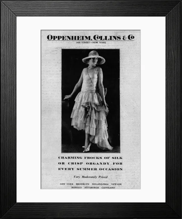 Framed Print : Advert for Oppenheim Collins & Co New York - charming frocks Date: 1928 Framed Print : Advert for Oppenheim Collins & Co New York - charming frocks Date: 1928