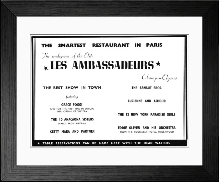 Framed Print : Advert for Les Ambassadeurs floor show, Paris (1938) with Grace Poggi Framed Print : Advert for Les Ambassadeurs floor show, Paris (1938) with Grace Poggi