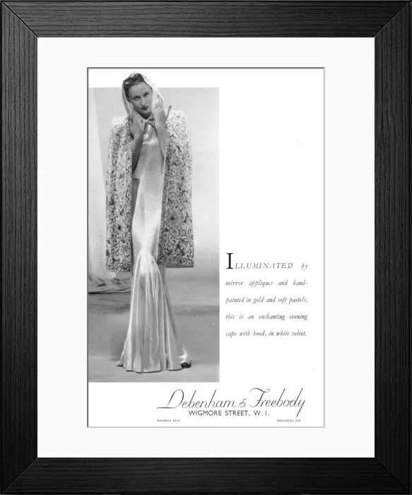 Framed Print : Advert for Debenham & Freebody, London featuring an evening cape Date: 1938 Framed Print : Advert for Debenham & Freebody, London featuring an evening cape Date: 1938