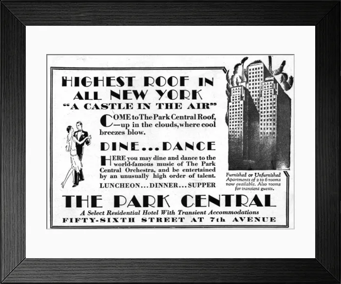 Framed Print : Advert for Roof Garden at The Park Central Hotel in New York, 1928 Date: 1928 Framed Print : Advert for Roof Garden at The Park Central Hotel in New York, 1928 Date: 1928