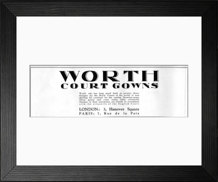 Framed Print : Advert for Worth Court Gowns, London and Paris, 1927 Date: 1927 Framed Print : Advert for Worth Court Gowns, London and Paris, 1927 Date: 1927