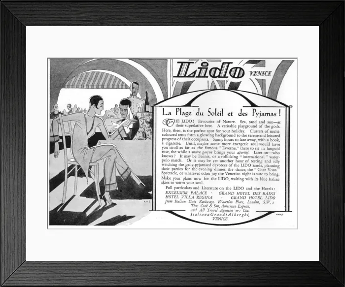 Framed Print : Advert for the Lido, Venice (1927) - La plage du soleil at des pyjamas Date: 1927 Framed Print : Advert for the Lido, Venice (1927) - La plage du soleil at des pyjamas Date: 1927