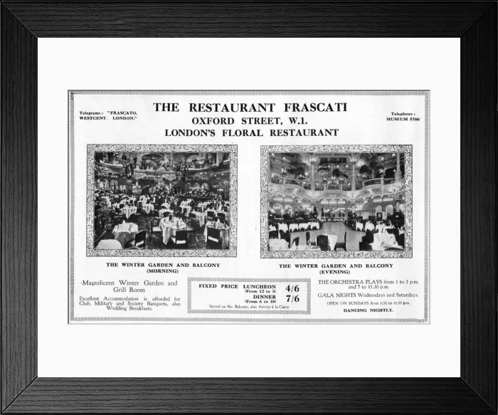 Framed Print : Advert for Frascati Restaurant, London, 1927 Date: 1927 Framed Print : Advert for Frascati Restaurant, London, 1927 Date: 1927
