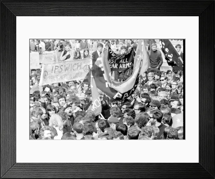 Framed Print : CND demonstration in London -- a crowd of people with banners. Date: late 1960s Framed Print : CND demonstration in London -- a crowd of people with banners. Date: late 1960s