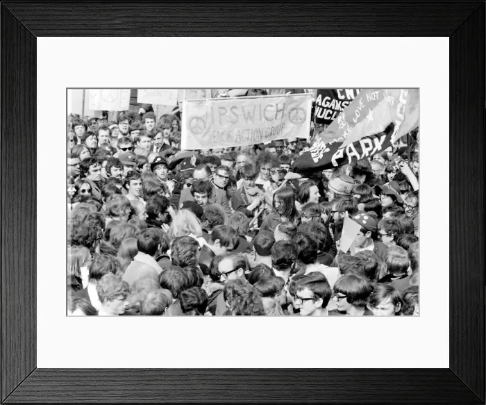 Framed Print : CND demonstration in London -- a crowd of people with banners. Date: late 1960s Framed Print : CND demonstration in London -- a crowd of people with banners. Date: late 1960s