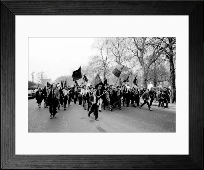 Framed Print : Demonstration in London -- young protesters walking purposefully along a road Framed Print : Demonstration in London -- young protesters walking purposefully along a road