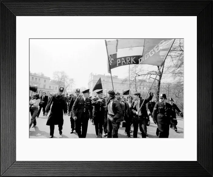 Framed Print : Demonstration in London -- young protesters walking along a road with a banner belonging Framed Print : Demonstration in London -- young protesters walking along a road with a banner belonging