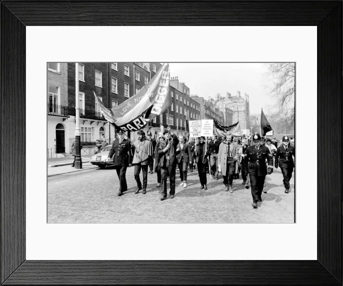 Framed Print : Demonstration in London -- young protesters walking along a road with a banner belonging Framed Print : Demonstration in London -- young protesters walking along a road with a banner belonging