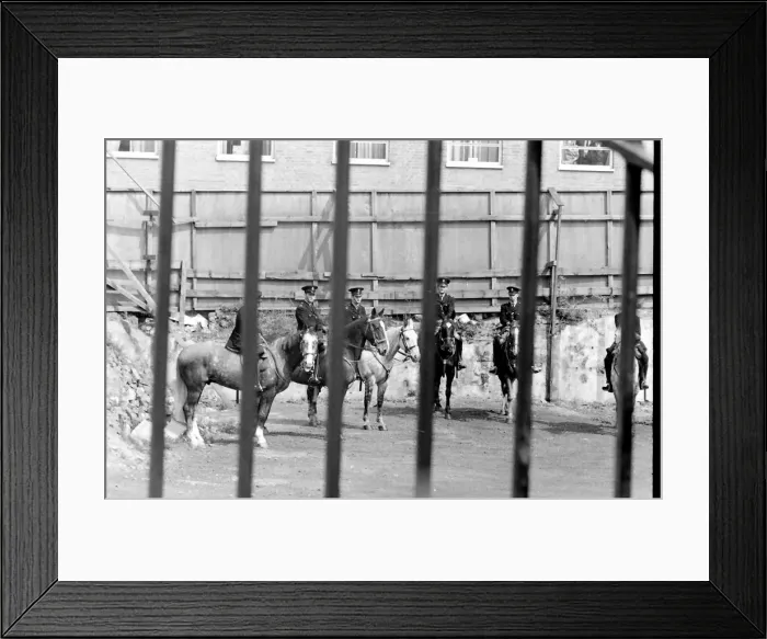 Framed Print : Mounted police officers, London, taking a break from the action during a political Framed Print : Mounted police officers, London, taking a break from the action during a political