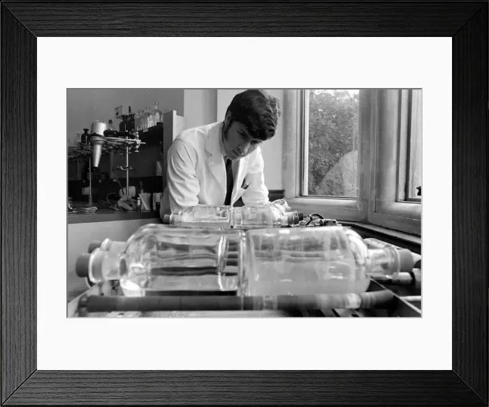 Framed Print : Horse doping tests -- a laboratory technician in a white coat with a set of glass jars Framed Print : Horse doping tests -- a laboratory technician in a white coat with a set of glass jars
