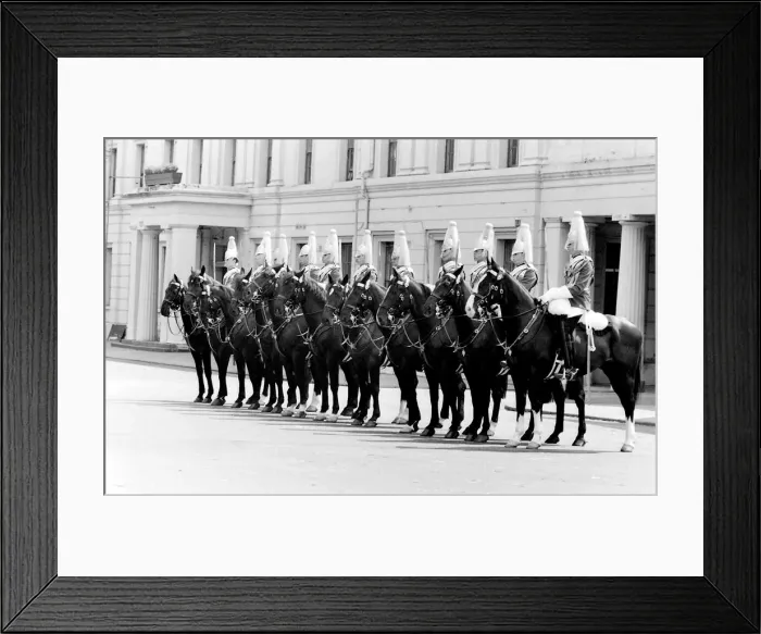 Framed Print : London horseguards on horseback in ceremonial uniform. Date: circa 1960s Framed Print : London horseguards on horseback in ceremonial uniform. Date: circa 1960s