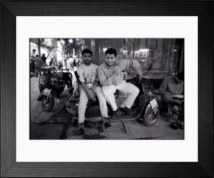Framed Print : Young men with scooter outside Bazaar, Cairo, Egypt. Date: 1980s Framed Print : Young men with scooter outside Bazaar, Cairo, Egypt. Date: 1980s