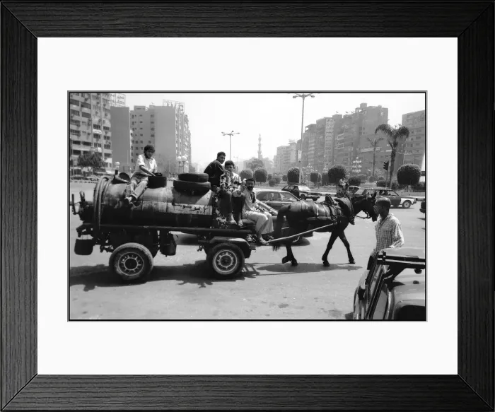 Framed Print : Horse drawn vehicle in Cairo traffic, Egypt. Date: 1980s Framed Print : Horse drawn vehicle in Cairo traffic, Egypt. Date: 1980s