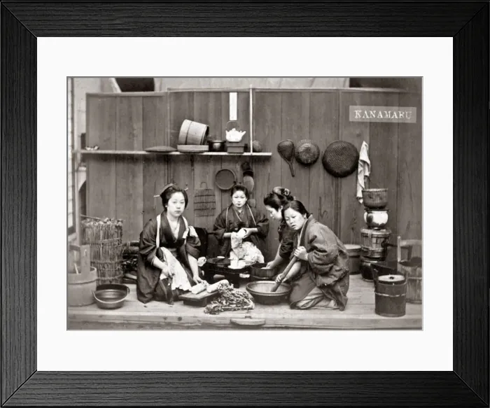 Framed Print : Group of women preparing a meal, Japan, 1870s. Date: 1870s Framed Print : Group of women preparing a meal, Japan, 1870s. Date: 1870s