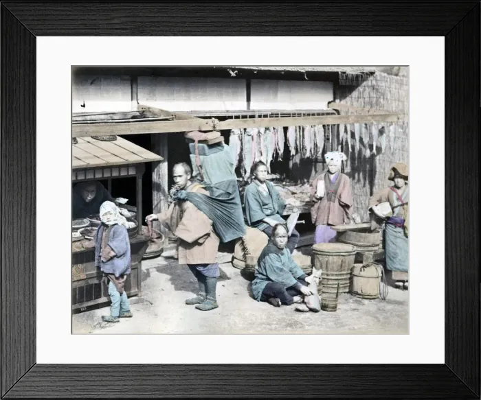 Framed Print : Dried fish stall Japan circa 1880s. Date: circa 1880s Framed Print : Dried fish stall Japan circa 1880s. Date: circa 1880s
