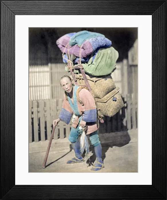 Framed Print : Porter with a heavy load, Japan, circa 1870s. Date: circa 1870s Framed Print : Porter with a heavy load, Japan, circa 1870s. Date: circa 1870s