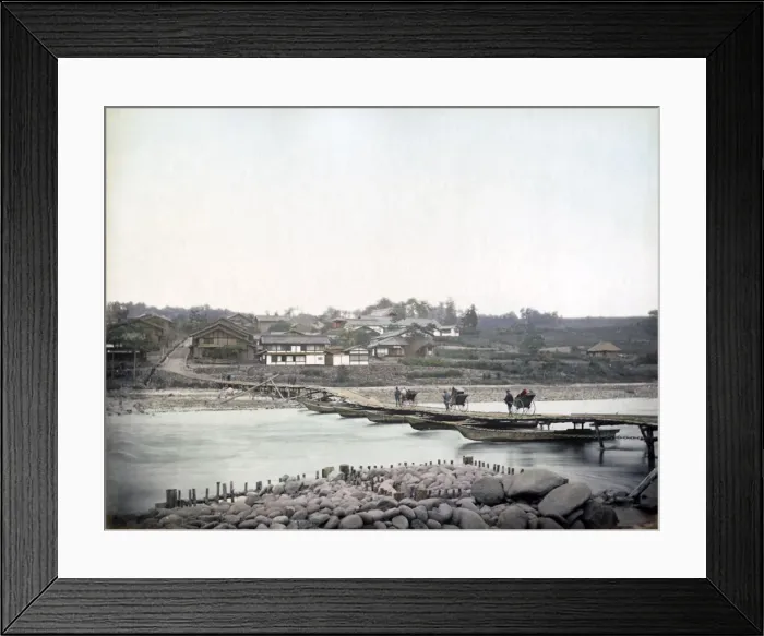 Framed Print : Bridge of boats, Japan, circa 1880s. Date: circa 1880s Framed Print : Bridge of boats, Japan, circa 1880s. Date: circa 1880s