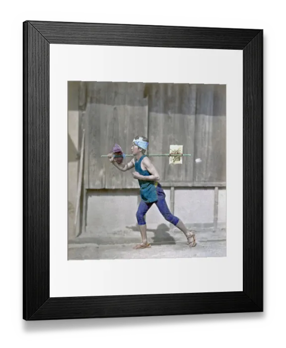 Framed Print : Post runner with letter, Japan, circa 1870s. Date: circa 1870s Framed Print : Post runner with letter, Japan, circa 1870s. Date: circa 1870s